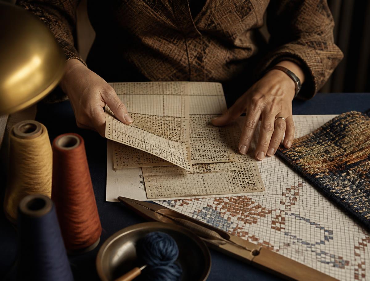 Textile designer drafting jacquard punch cards beside yarn and woven samples