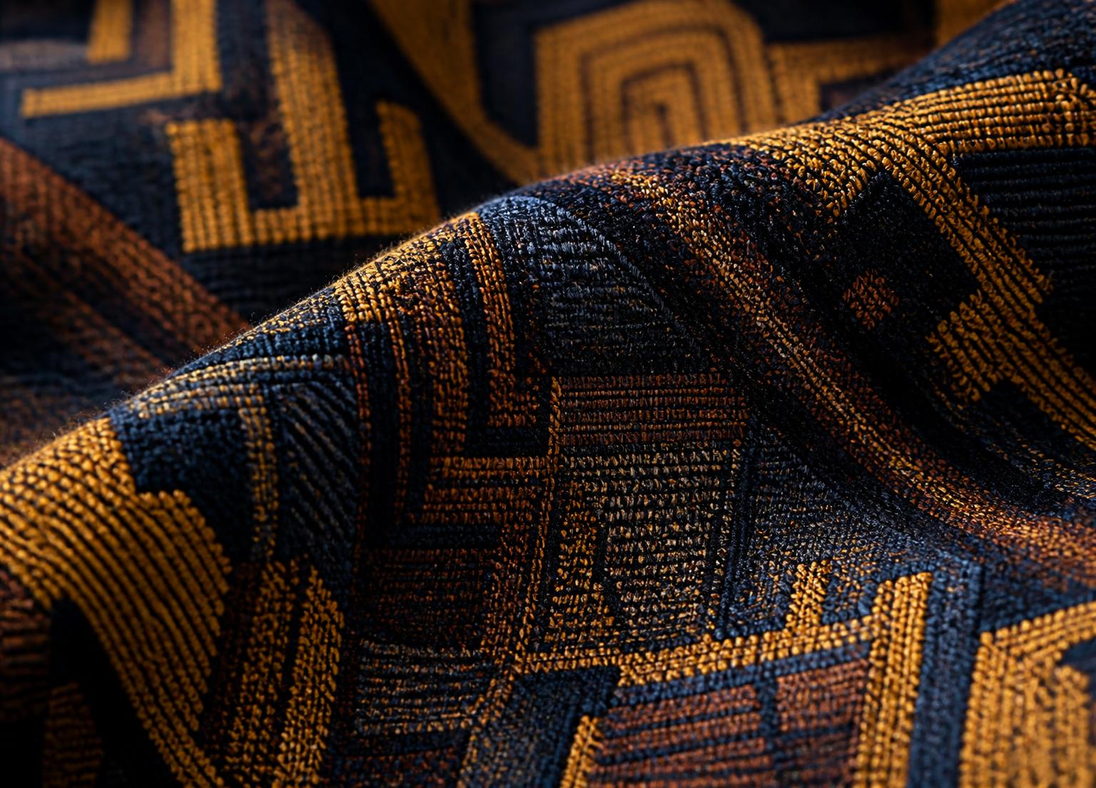 Midnight indigo and gold jacquard fabric showing an intricate raised weave
