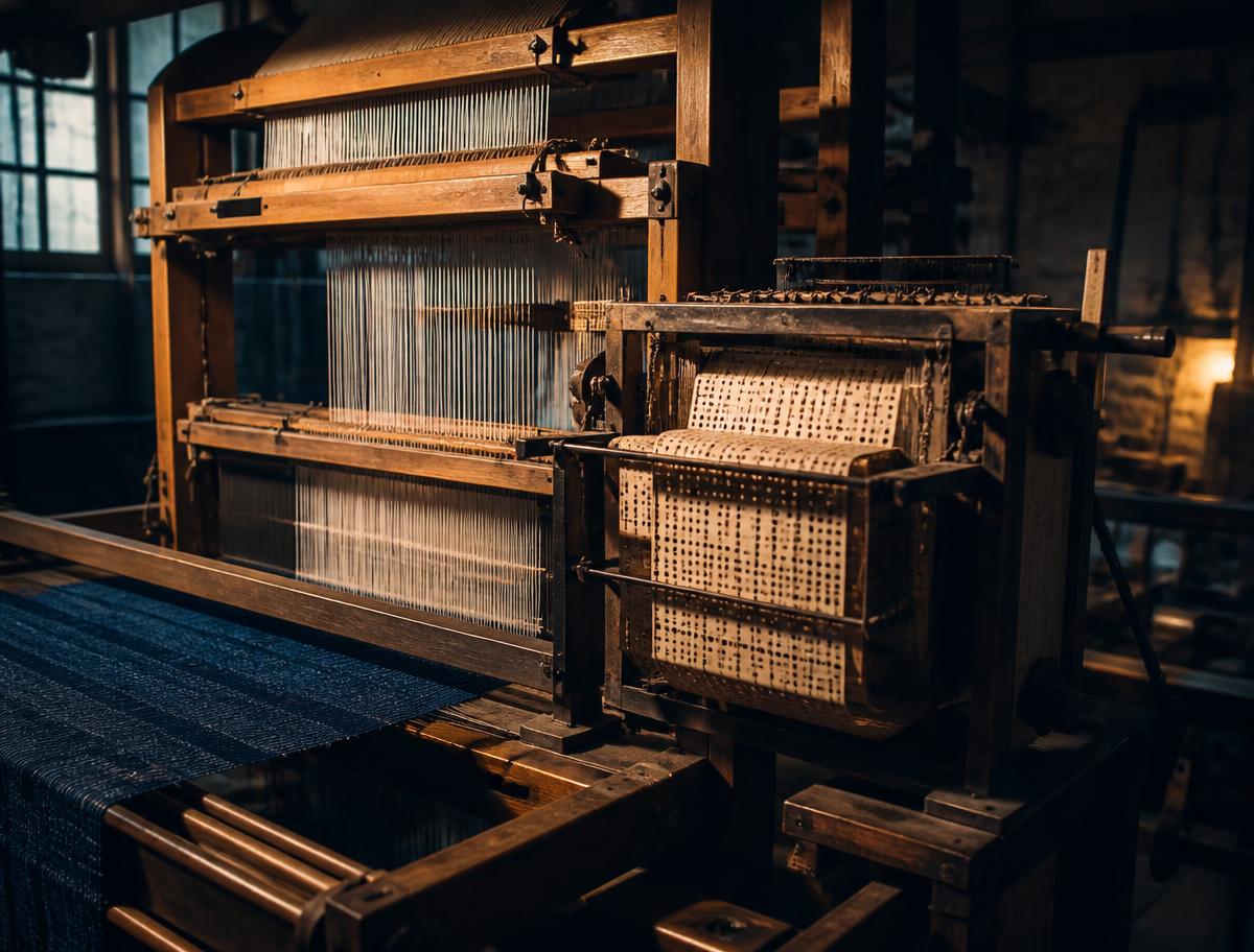 A traditional jacquard loom and its punch-card mechanism in warm workshop light